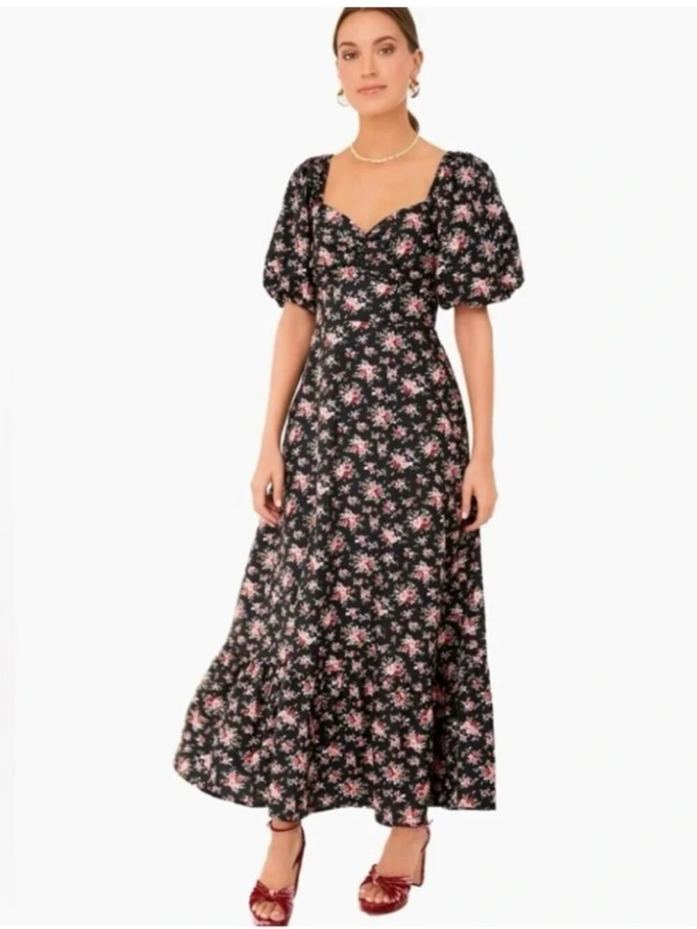 Hyacinth House Black Floral Puff Sleeve Tie-Back Midi Dress - Size XS